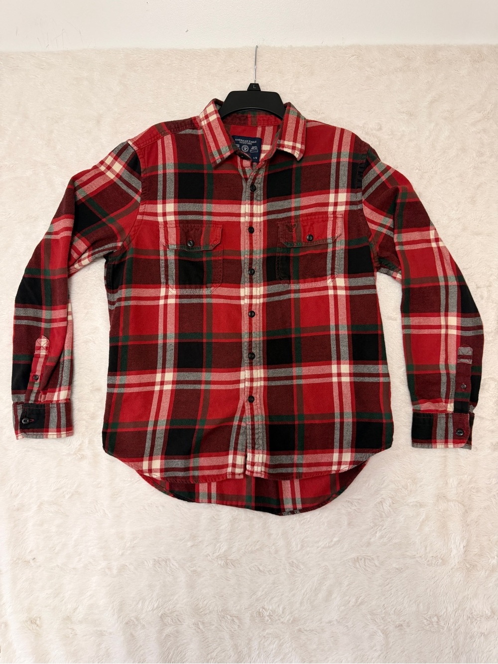 American Eagle Athletic Fit Flannel Shirt Men Large Red Black Plaid Button Down
